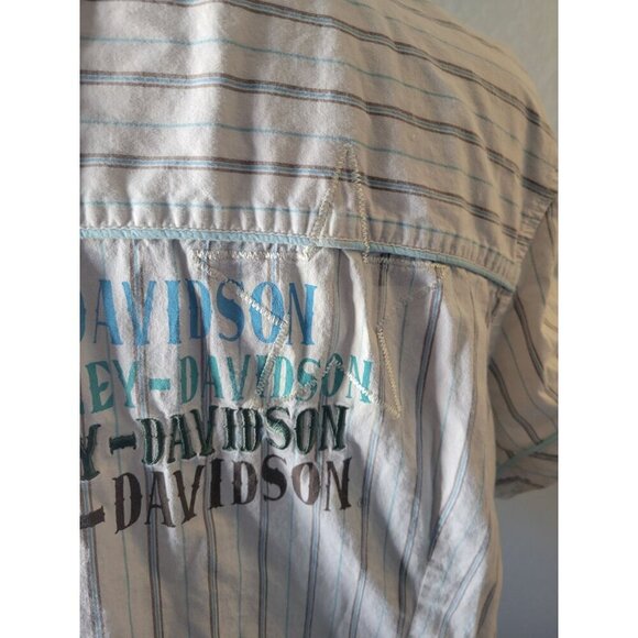 Harley-Davidson White Striped Short Sleeve Pearl Snap Button Down Top Size M - Picture 7 of 11